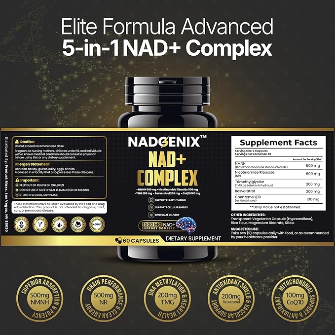 NADGENIX™ NAD+ Supplement – NMNH 500mg, Nicotinamide Riboside, TMG, Resveratrol & CoQ10 – Cellular Energy & Healthy Aging – 60 Capsules – High Absorption Liposomal Delivery