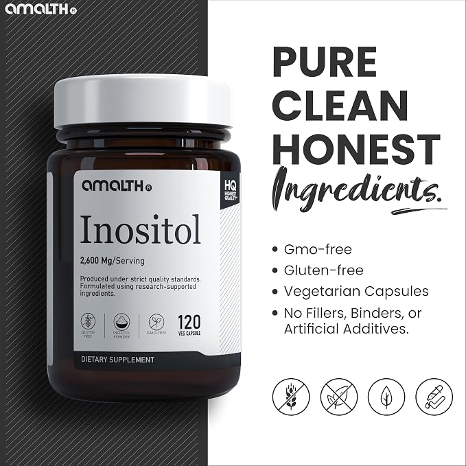 AMALTH Inositol Capsules 2600 mg | Myo Inositol Supplement Capsules | Vitamin B8 Powder Formula | Hormone Balance & Healthy Ovarian Function Support | Non-GMO, Gluten-Free | 120 Veg Capsules