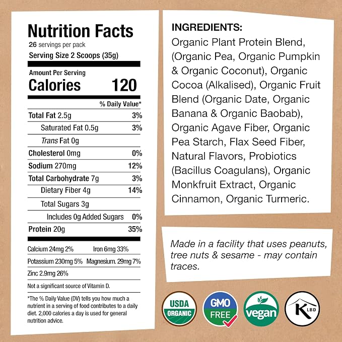 EarthChimp Organic Vegan Protein Powder - with Probiotics - Non GMO, Dairy Free, Non Whey, Plant Based Protein Powder for Women and Men, Gluten Free - 26 Servings 32 Oz (Chocolate)