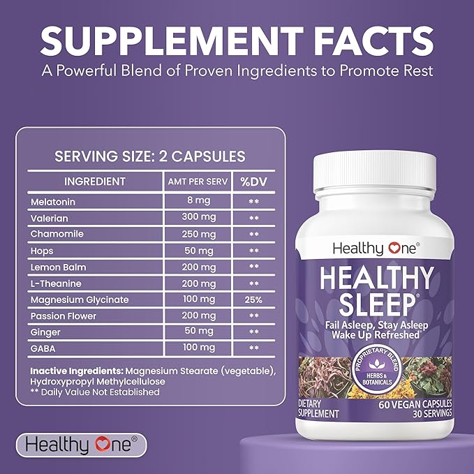 Healthy Sleep - 10 REM Inducing Ingredients - Supports All Stages of Deep Rest - Can't Sleep - Restless - Melatonin - Valerian - Chamomile - Theanine - GABA - Hops - Lemon Balm - 120 Count