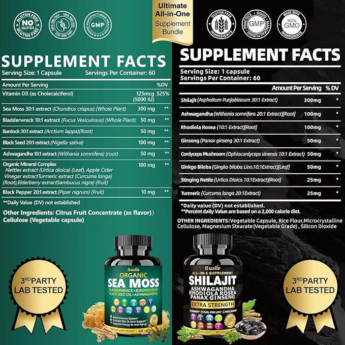 Sea Moss & Shilajit Capsules for Energy Boost - Irish Sea Moss with Black Seed Oil, Ashwagandha, Bladderwrack & Burdock Root - Himalayan Shilajit Complex with Rhodiola, Ginseng & Cordyceps - 2 Pack