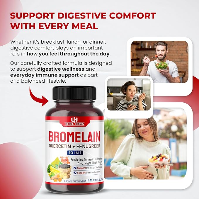 Bromelain Supplement with Quercetin, Zinc, Fenugreek, Turmeric, Ginger, Black Pepper & Probiotics - Supports Digestion, Joint Health & Nutrient Absorption | 150 Capsules