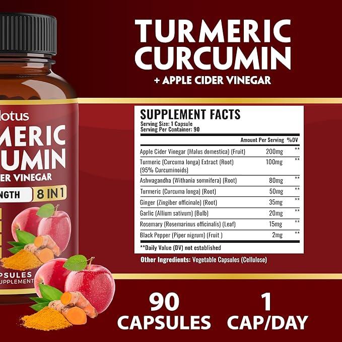 8 in 1 Turmeric Curcumin + Apple Cider Vinegar Capsules, 3 Month Supply with Ashwagandha, Ginger, Garlic Bulb, 95% Standardized Curcuminoids, Joint & Absorption Support
