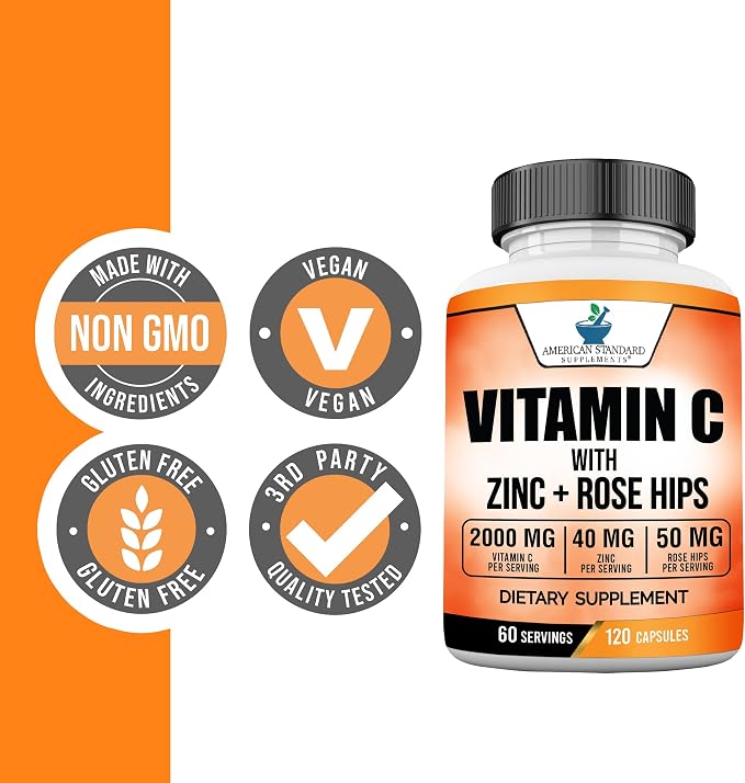 American Standard Supplements Vitamin C 2000mg, Zinc 40mg, and Rose HIPS 50mg Per Serving – Vegan, Gluten Free, Non-GMO (120 Count) (Pack of 2)