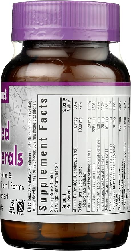 Bluebonnet Nutrition High Potency Chelated Multiminerals, Albion Chelated Minerals, Soy-Free, Gluten-Free, Non-GMO, Kosher Certified, Dairy-Free, 60 Caplets, 20 Servings