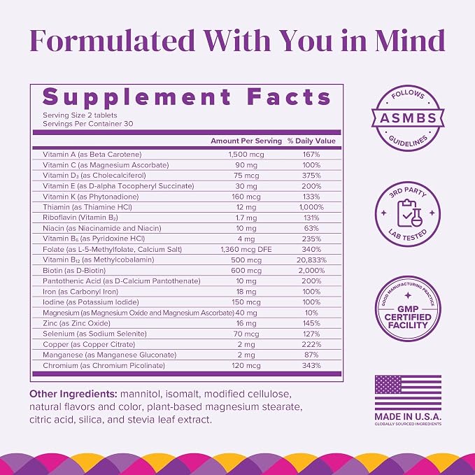 BariMelts Bariatric Multivitamin with Iron, 120 Fast-Dissolving Tablets (2-Month Supply), Sugar-Free Bariatric Vitamins for Women, Natural Fruit Flavor