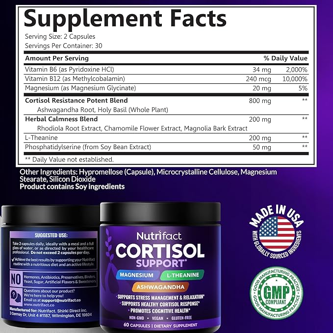 Cortisol Supplements for Women & Men - Vegan, Non-GMO, Made in USA Cortisol Reducer, Manager with Magnesium Ashwagandha L Theanine, Vitamin B Complex for Sleep Support - 60 Capsules