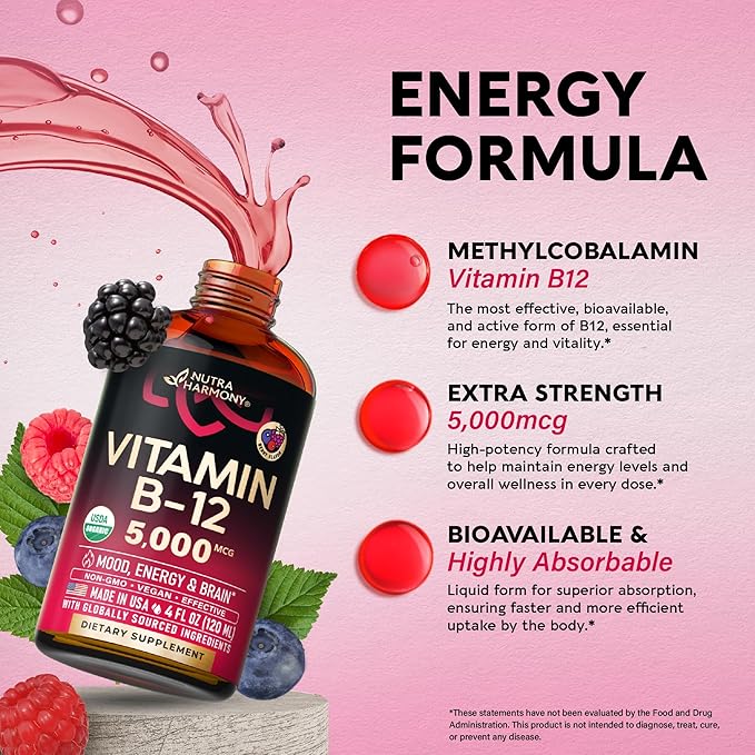 USDA Organic Vitamin B12 Sublingual Drops - 5000 mcg Liquid Vegan Methylcobalamin for Women & Men - Energy Boost, Focus & Mood, Brain Health Support - Maximize Absorption - 4 Month Supply, 4 fl oz