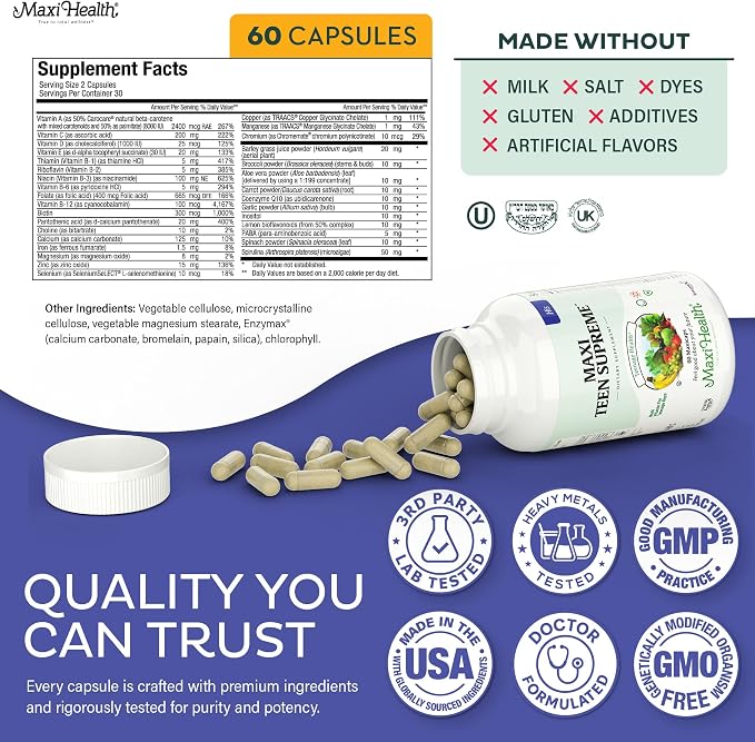 Teen Vitamins for Boys 12-17 - Teen Multivitamin Supreme with D3, Iron, Calcium, Biotin, Digestive Enzymes – Teenager Boy Multi Vitamins for Energy, Brain & Mood Support – 60 Count