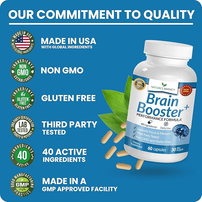 40-in-1 Brain Booster Supplement for Focus, Memory, Clarity, Energy | Advanced Vitamins Plus eBook | for Men & Women, Cognitive Function Nootropic Support with DMAE, Mind Health Formula | 60 Capsules