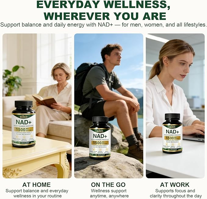 NAD+ Supplement 1500mg, NR NMN Replacement with Resveratrol, Urolithin A, CoQ10 & Quercetin - NAD Plus for Cellular Energy, Healthy Aging & Stamina for Women & Men - 120 Capsules