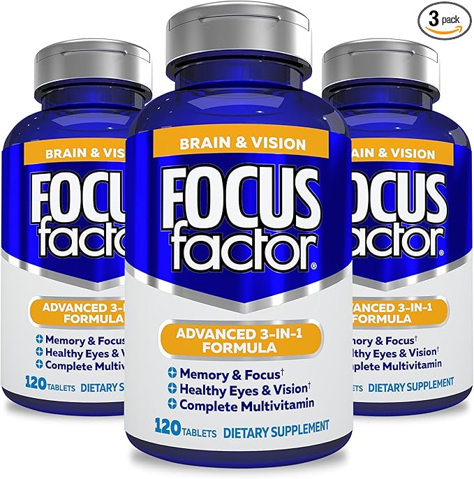 Focus Factor Adults Brain and Vision Supplement, 120 Count - Eye Vitamin, Mineral Supplement & Complete Multivitamin w/Lutein & Zeaxanthin – Brain Supplement for Focus, Concentration, Memory