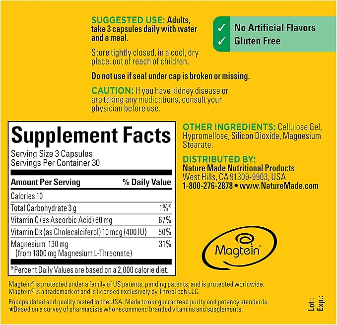 Nature Made Magnesium L-Threonate with Vitamin C & Vitamin D3, Provides 130 mg of Mag from 1800 mg Magnesium L Threonate, Cognitive Support Magnesium-Supplement, 90 Capsules, 30 Day Supply,(Pack of 2)