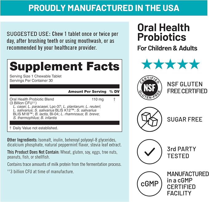 NatureWise Oral Probiotics for Mouth Bad Breath - Chewable Sugar-Free Mint - Lactobacillus reuteri Chewable - Oral Probiotics for Kids & Adults - Non-GMO USA Manufactured - 30 Count[30-Day Supply]