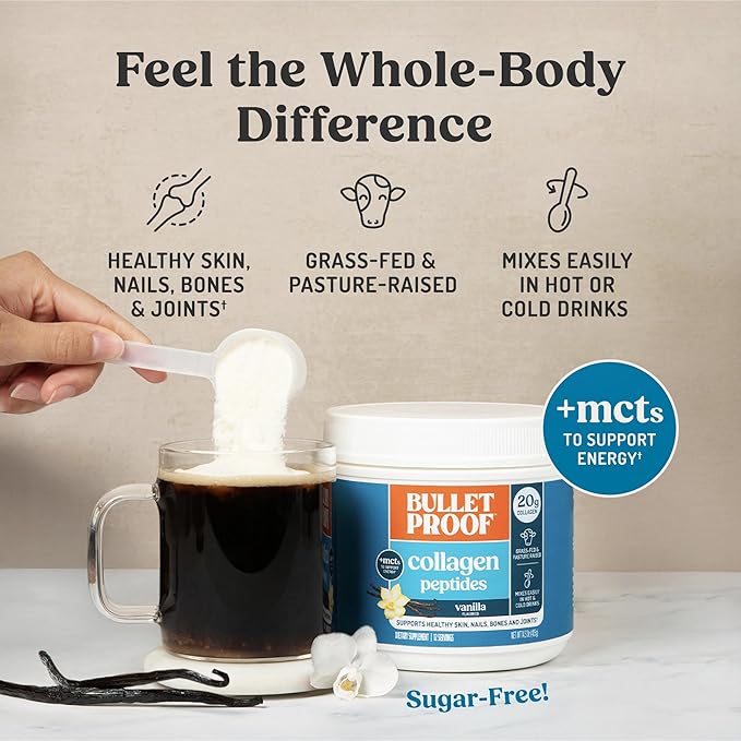 Bulletproof Vanilla Collagen Peptides Powder with MCT Oil, 14.3 Ounces, Grass-Fed Collagen Protein for Skin, Bone and Joint Support, Pasture Raised, No Added Hormones