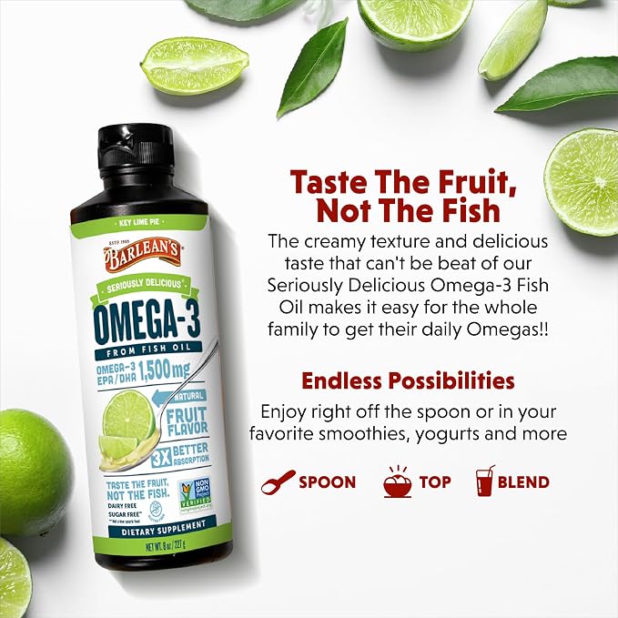 Barlean's Omega 3 Fish Oil Liquid Supplement for Men and Women, 1500mg of EPA and DHA Fatty Acid, Promotes Brain & Heart Health - Non-GMO, Key Lime Pie, 8 oz