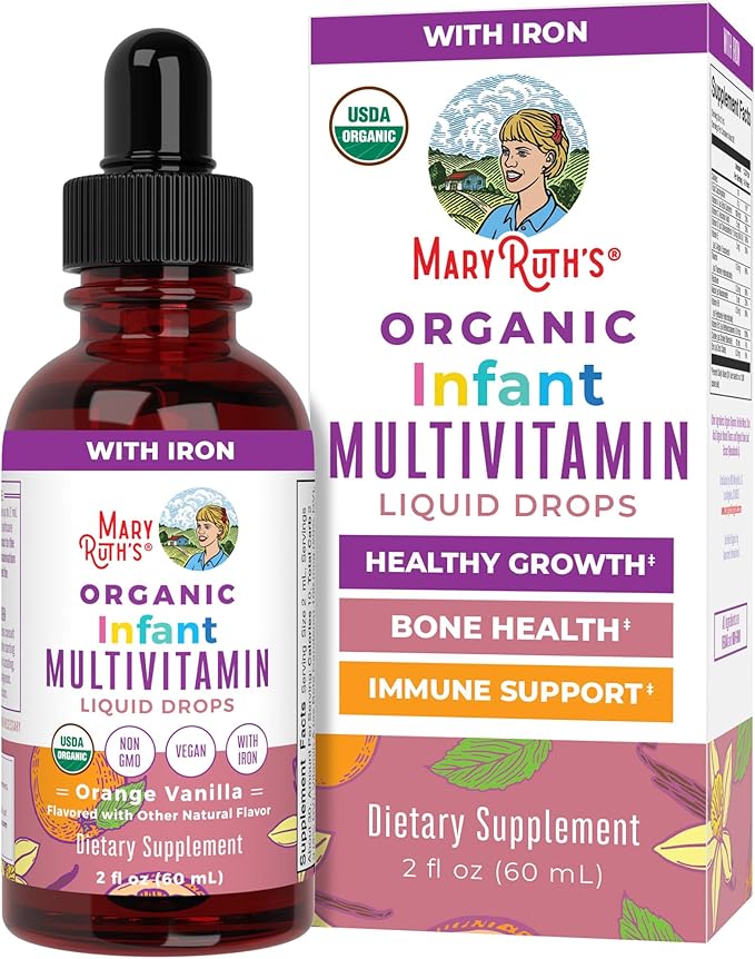 MARYRUTH'S Organics Multivitamin with Iron for Infants | USDA Organic | Liquid Drops for Babies 6-12 Months | Immune Support & Overall Wellness | Vegan | Non-GMO | Gluten Free | 2 Fl Oz