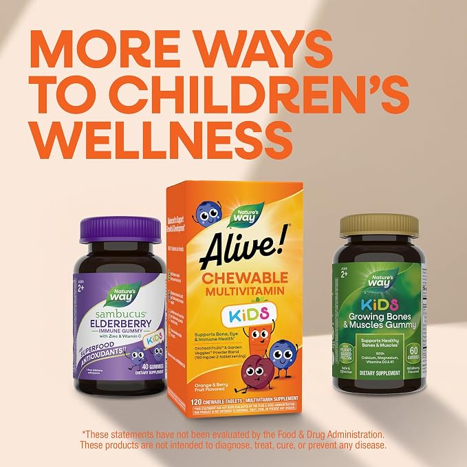 Nature's Way Alive! Children’s Chewable Multivitamin, Kids Multivitamin with Orchard Fruits and Garden Veggies Powder Blend, Daily Kids Vitamins for Nutritional Support Cherry Flavor, 120 Tablets