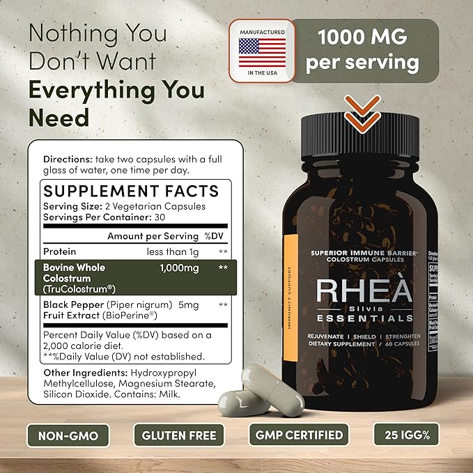 Rhea Bovine Colostrum Supplement for Women, Colostrum Capsules for Gut Health, Digestion, Bloating, Beauty, Immune Support, Bovine Colostrum for Humans, Colostrum Pills (120caps)