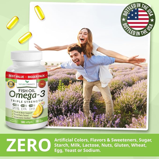 Triple Strength Omega 3 Fish Oil Supplements 2400mg | 180 Capsules, Burpless High Potency Lemon Flavor, High EPA DHA for Men & Women Ultra Pure Softgels | Joint Support, Eyes, Heart Brain Health Pills