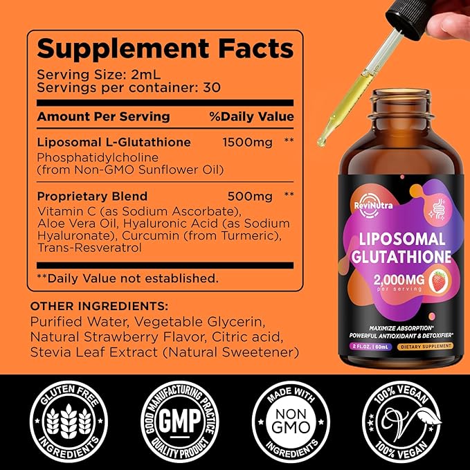 2 Pack Liposomal Glutathione Supplement - 2000mg Glutathione Liquid Drops with Vitamin C, Curcumin & Trans-Resveratrol - Powerful Antioxidant for Immune, Skin Health & Liver Detox - Strawberry