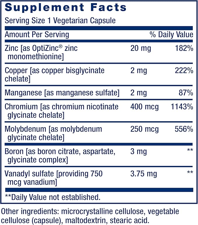Life Extension Only Trace Minerals, a Daily dose of zinc, Chromium, Boron, Copper, Manganese, Vanadyl sulfate, Gluten-Free, Non-GMO, Vegetarian, 90 Capsules, (Pack of 2)
