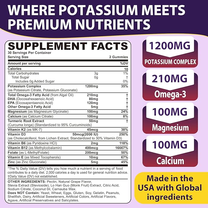 Potassium Citrate and Potassium Gluconate Supplement, 1200mg Two Forms of Potassium Gummies, w/Magnesium, Omega-3, Calcium, Vitamin D3 K2 B12 E B6, Folate for Mṵṣḉḷḙ, Nerves, Health Bones, 60Cts