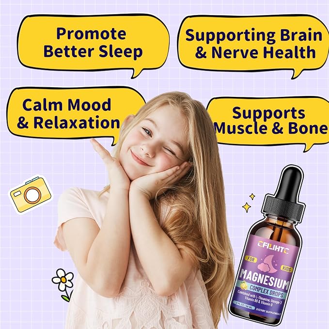 Kids Magnesium Liquid Drops-Magnesium Glycinate Liquid for Kids Supplement-w/L-theanine, Omega-3, Vitamin B6, D3 - for Sleep, Relaxation, Brain, Bones - Lemon Flavor, 4 Fl Oz