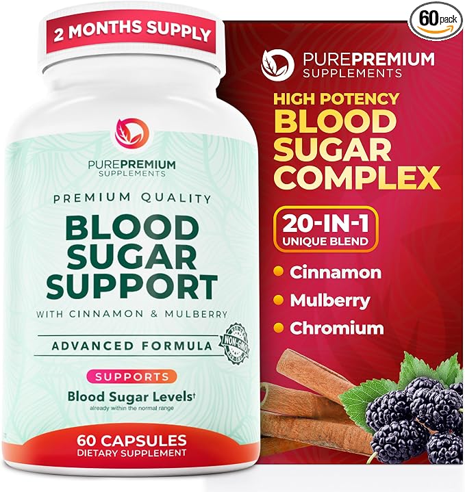 PurePremium Normal Blood Sugar Support Supplement - 20 Active Ingredients Complex to Support Blood Sugar Levels Already in The Normal Range - with Cinnamon, Bitter Melon, Chromium, Mulberry - 60ct