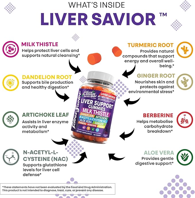 Clean Nutra Liver Cleanse Detox & Repair Gummies | Milk Thistle Gummy Liver Support Vitamins | Dandelion, Artichoke, Aloe Vera, Ginger, Berberine, Lemon, N-Acetyl-L-Cysteine, Turmeric Supplement HCL