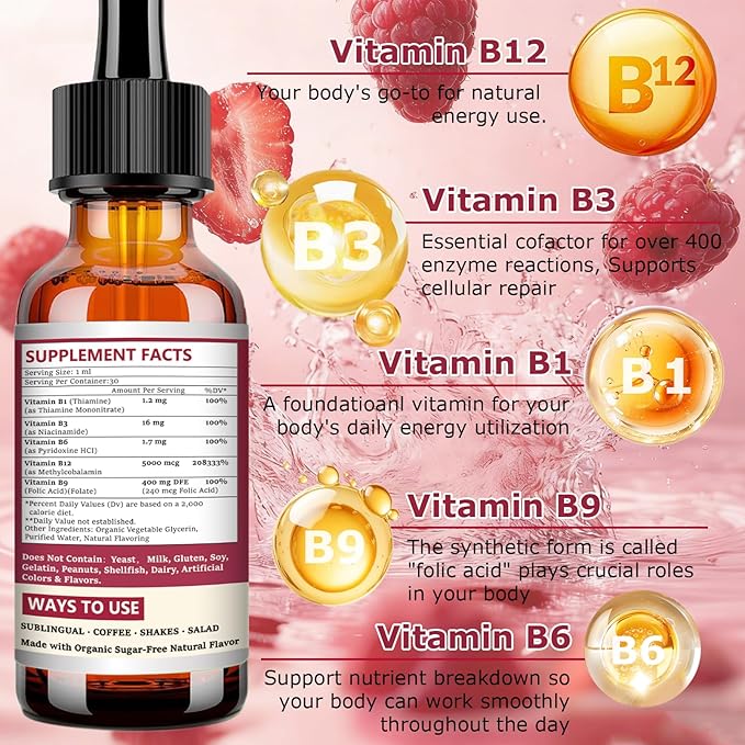 Liquid Vitamin B12 Drops 5000 mcg - Extra Strength B12 Methylcobalamin with B1 B6 B3 Folate Niacin - Fast Absorption Sublingual B-12 Drops for Energy Metabolism & Brain Function, Vegan B Complex