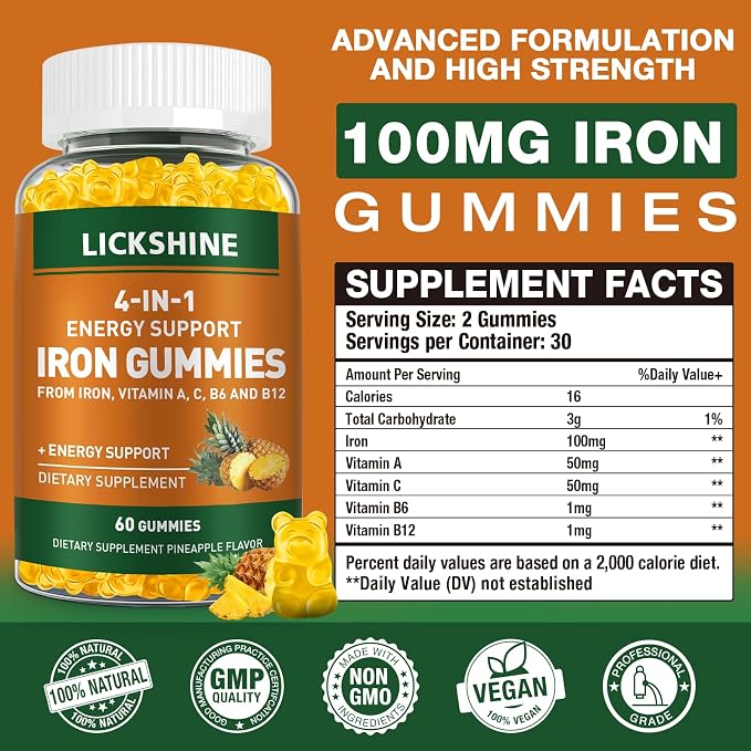 lickshine 2 Pack Vegan 100MG Iron Supplement Gummies for Women & Men - with Vitamin C, A, B for Adults & Kids - Energy Support for Iron Deficiency, Anemia - Pineapple Flavor (120 Ct)