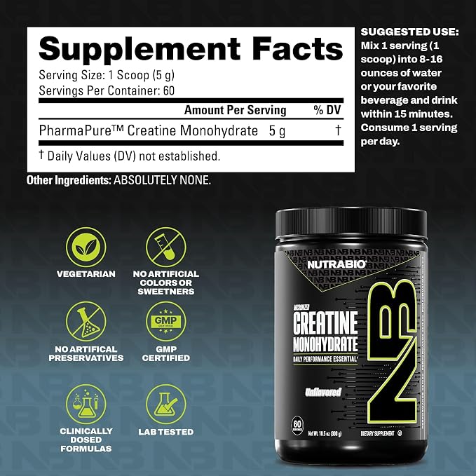 NutraBio Pure Micronized Creatine Monohydrate Powder Supplement, Unflavored, (300 g) - Supports Bulk Muscle Energy, Recovery, and Strength - HPLC Tested Creatine Powder Supplement for Men and Women