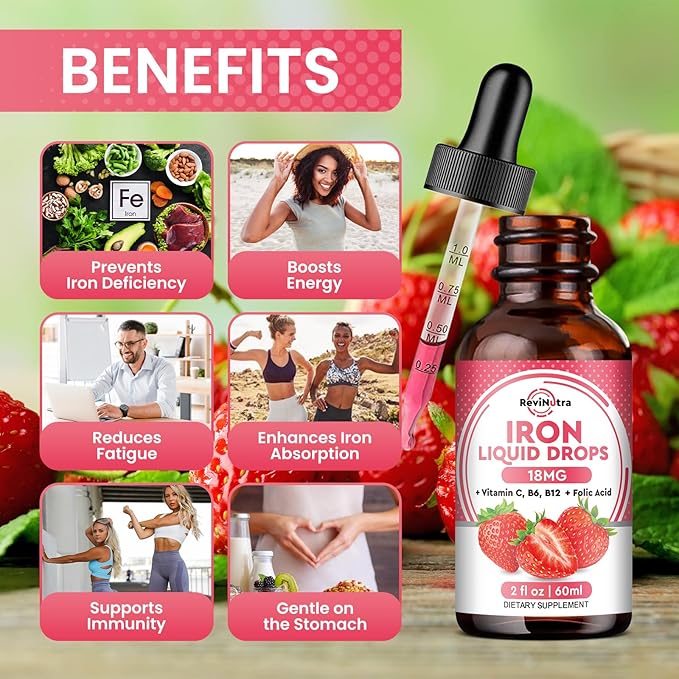 2 Pack Liquid Iron Supplement for Women, Men & Kids - Liquid Iron Drops with Folate, Vitamin C, B6, B12 for Anemia, Red Blood Cell, Energy Support - Strawberry Flavor