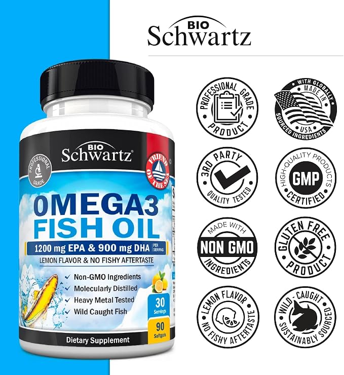 Triple Strength Omega 3 Fish Oil 3000mg - High Potency Omega 3 Supplement for Women and Men, Burpless Lemon Flavor Fish Oil - 2250mg Essential Fatty Acids with DHA & EPA, Wild Caught, 90 Softgels