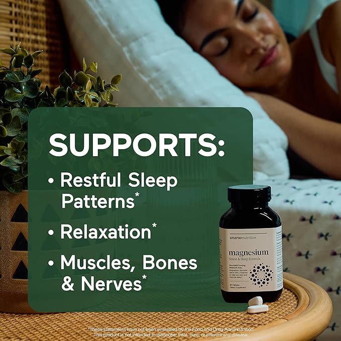 Smarter Nutrition Magnesium Complex - Chelated Magnesium Glycinate with Citrate, Malate and L-Theanine for Sleep, Muscle Relaxation and Stress Support - Non-GMO - 60 Tablets[30DaySupply]