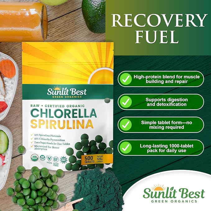 Sunlit Best Chlorella Spirulina Tablets - Organic USDA, Premium Spirulinas and Chlorella Capsules 500 Pills - Chlorellas Natural Superfood with Spirulina Algae, Enzymes Chlorophyll & Vegan Protein