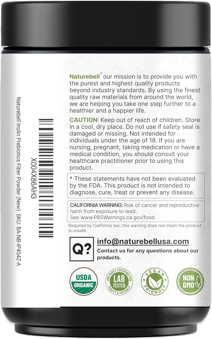 NatureBell Organic Inulin Prebiotic Fiber Powder, 1lb | Natural Chicory Root Source – Easily Mixes with Coffee or Smoothies – Fiber Supplement for Women & Men – Non-GMO, Vegan Friendly, Gluten Free