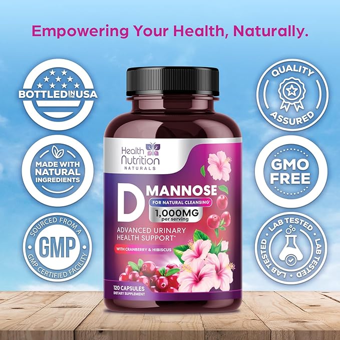 D-Mannose Supplement - 1,000mg D Mannose Per Serving with Cranberry, Hibiscus & Dandelion - Fast-Acting, Natural Urinary & Bladder Support for Women & Men – Flush & Cleanse Impurities – 120 Capsules