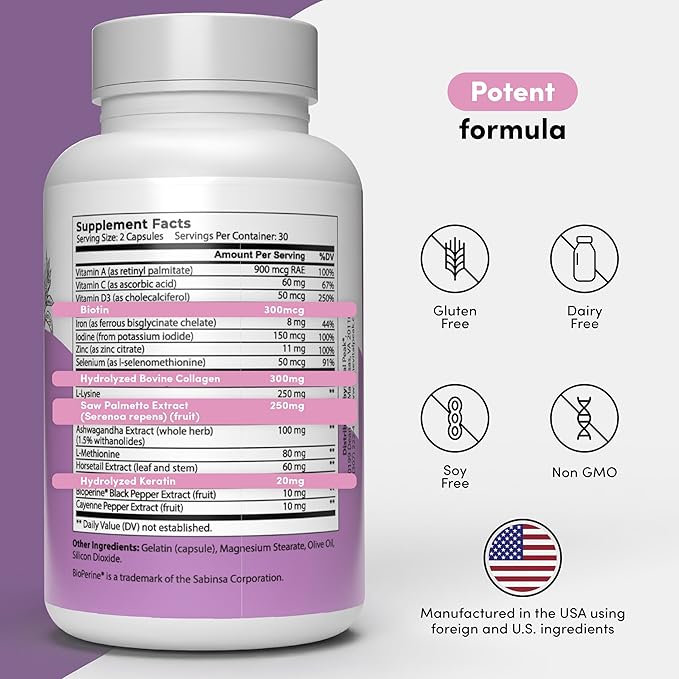 Vital Peak® Hair Peak - Hair Growth Supplement - Hair Vitamins to Support Healthy Hair with Biotin, Collagen, Saw Palmetto Extract, Keratin, Iron, Ionide, Zinc - Gluten Free, Dairy Free - 60 Capsules
