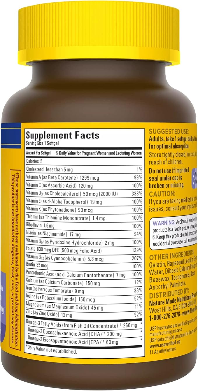 Nature Made Postnatal Multivitamin + DHA 200 mg, Postnatal Vitamins for Women, Includes Iron, Vitamin D3, Calcium, Iodine & More for Breastfeeding Moms, 60 Softgels