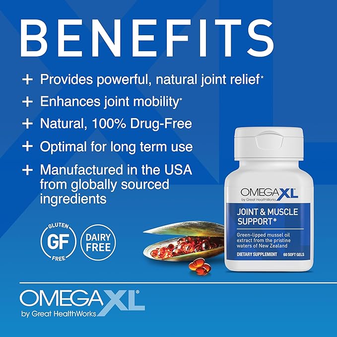 OmegaXL Joint Support Supplement - Natural Muscle Support, Green Lipped Mussel Oil, Soft Gel Pills, Drug-Free, 120 Count