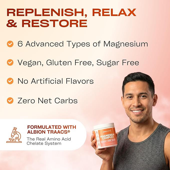 GoBiotix Magnesium Glycinate Powder – Cortisol Supplements for Women and Men – High Absorption Magnesium Complex Calm Supplement with Citrate, Malate – Sugar Free – 420 mg, 60 Servings - Peach Tea