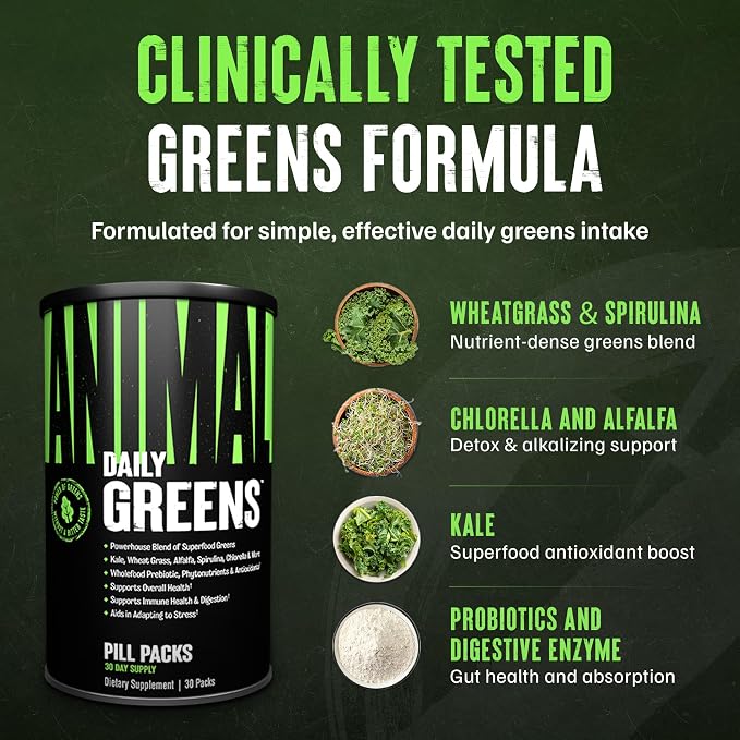 Animal Daily Greens Pill Packs - Kale, Wheat Grass, Alfalfa & More - Convenient Prebiotic and Probiotic Superfood Blend for Superior Digestion, Gut Health, and Immunity For Men & Women - 30 Day Supply