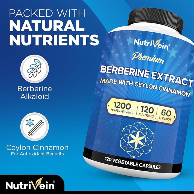 Nutrivein Premium Berberine 1200 mg with Ceylon Cinnamon - 120 Capsules: High-Absorption Berberine Supplement for Defenses, Digestion, & Metabolism