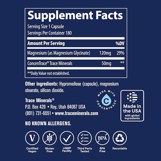 Trace Minerals Magnesium Glycinate - Gentle Magnesium Glycinate Supplement for Healthy Sleep & Relaxation Support - Healthy Mind & Energy - Vegan - Gluten-Free - 180 Count (180 Servings)
