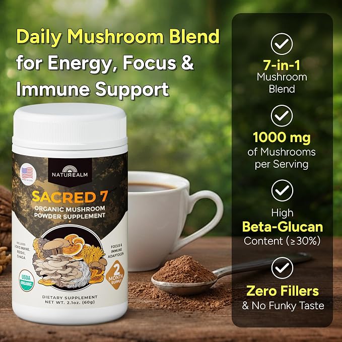 Sacred 7 Mushroom Powder Supplement, 7-in-1 Blend (60 Day Supply) | Immune Defense, Focus & Energy Support | Coffee Enhancer | Lion’s Mane, Reishi, Chaga | Organic 100% Fruiting Body Extract