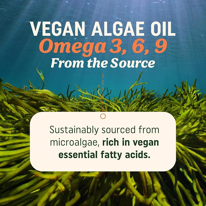 Vegan Omega 3 6 9 Algae Oil | Plant Based DHA EPA | Sustainably Sourced, No Carrageenan | Heart, Brain & Eye Health Support | Fish Oil Alternative | Omega 3 Fatty Acid Supplements | 120 Softgels