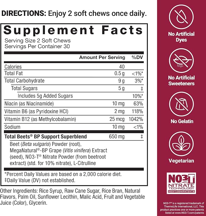 Force Factor Total Beets Blood Pressure Support Supplement with Beets Powder, Great-Tasting Chewables for Heart-Healthy Energy, and Increased Nitric Oxide, 180 Chews, 3-Pack