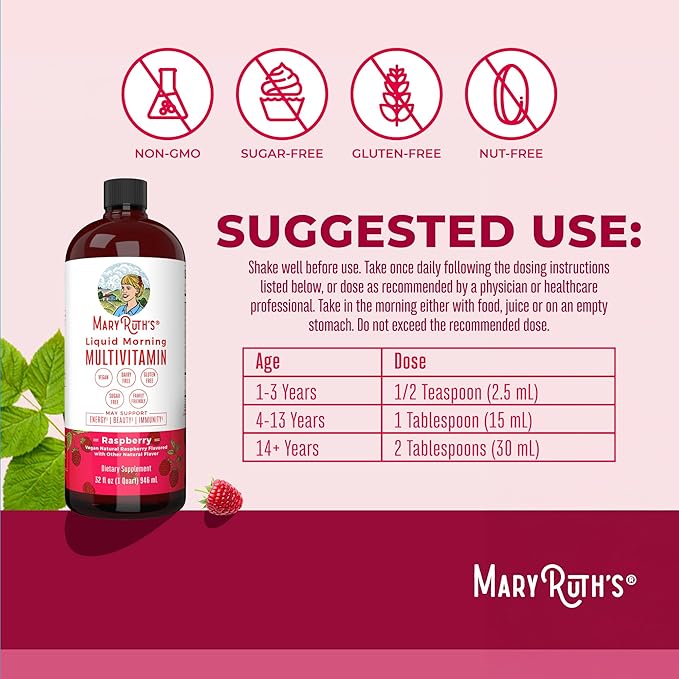 MARYRUTH'S Liquid Morning Multivitamin for Women, Men & Kids | Vitamin A C D E B6 B12 Biotin Zinc | Beauty | Vegan | Non-GMO | Gluten Free | 32 Servings